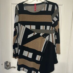 IC Connie K  Top Shirt Tunic M black, brown Artisan asymmetrical  Abstract top